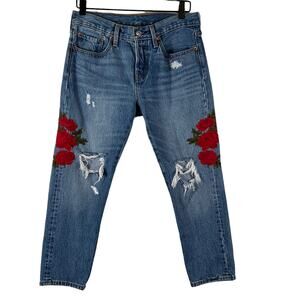 Embroidered Blue Jeans with Red Floral Design